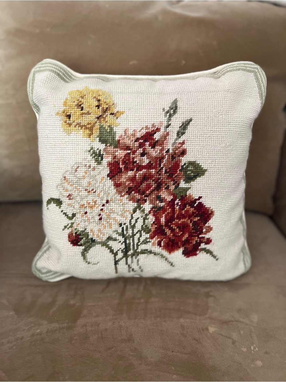Vintage Rose Needlepoint Pillow, 12×12 Roses Bouquet, Sage Detailed Border